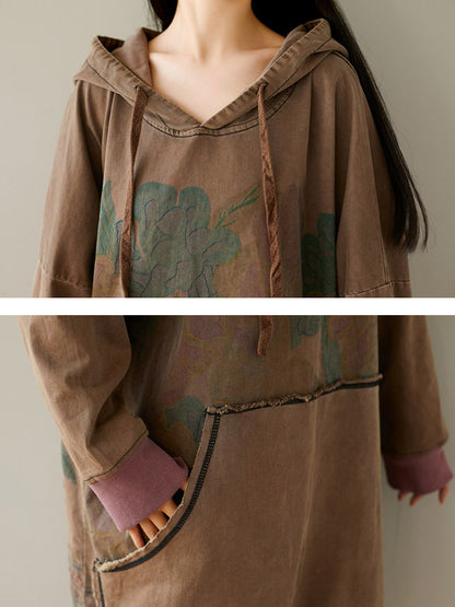 Women Autumn Retro Flower Colorblock Hem Hooded Dress AI1049