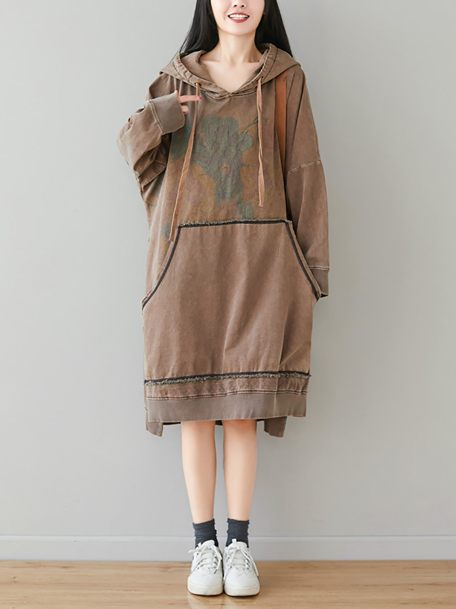 Women Autumn Retro Flower Colorblock Hem Hooded Dress AI1049