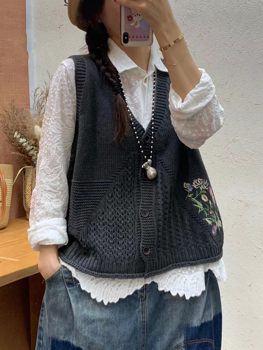 Women Autumn Artsy Flower Embroidery Knit V-Neck Vest AI1073