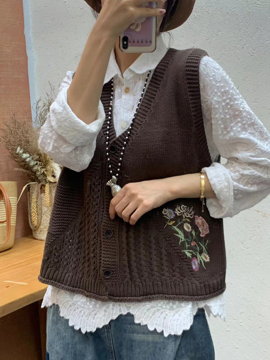 Women Autumn Artsy Flower Embroidery Knit V-Neck Vest AI1073