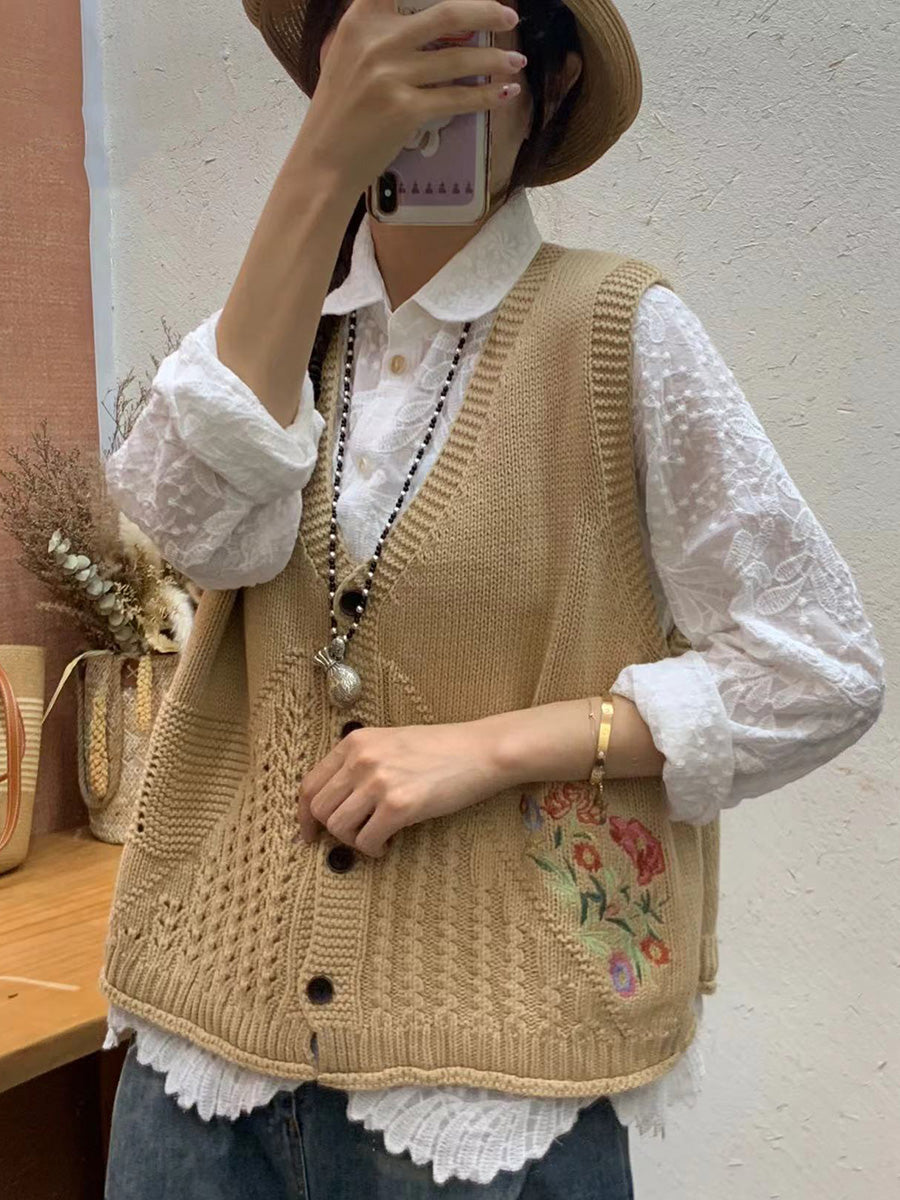 Women Autumn Artsy Flower Embroidery Knit V-Neck Vest AI1073