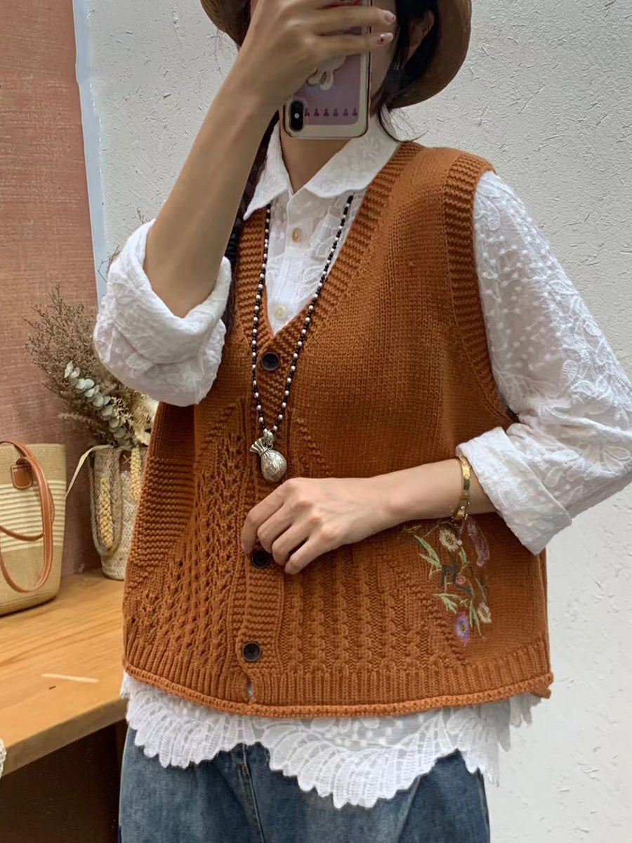 Women Autumn Artsy Flower Embroidery Knit V-Neck Vest AI1073