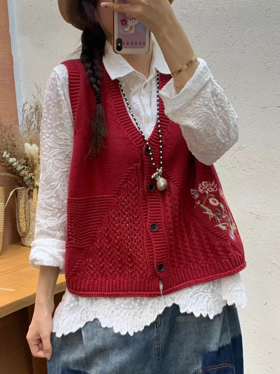 Women Autumn Artsy Flower Embroidery Knit V-Neck Vest AI1073