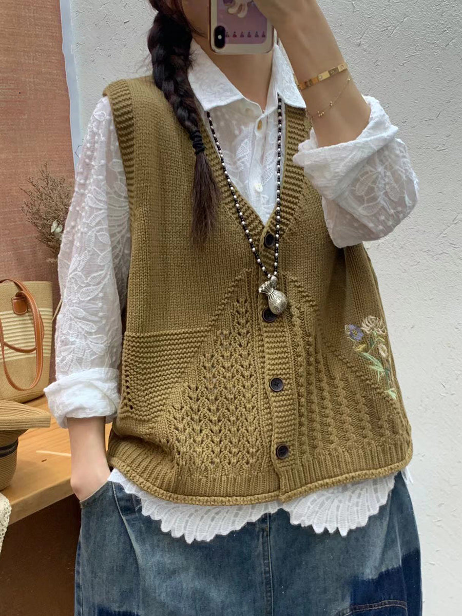 Women Autumn Artsy Flower Embroidery Knit V-Neck Vest AI1073