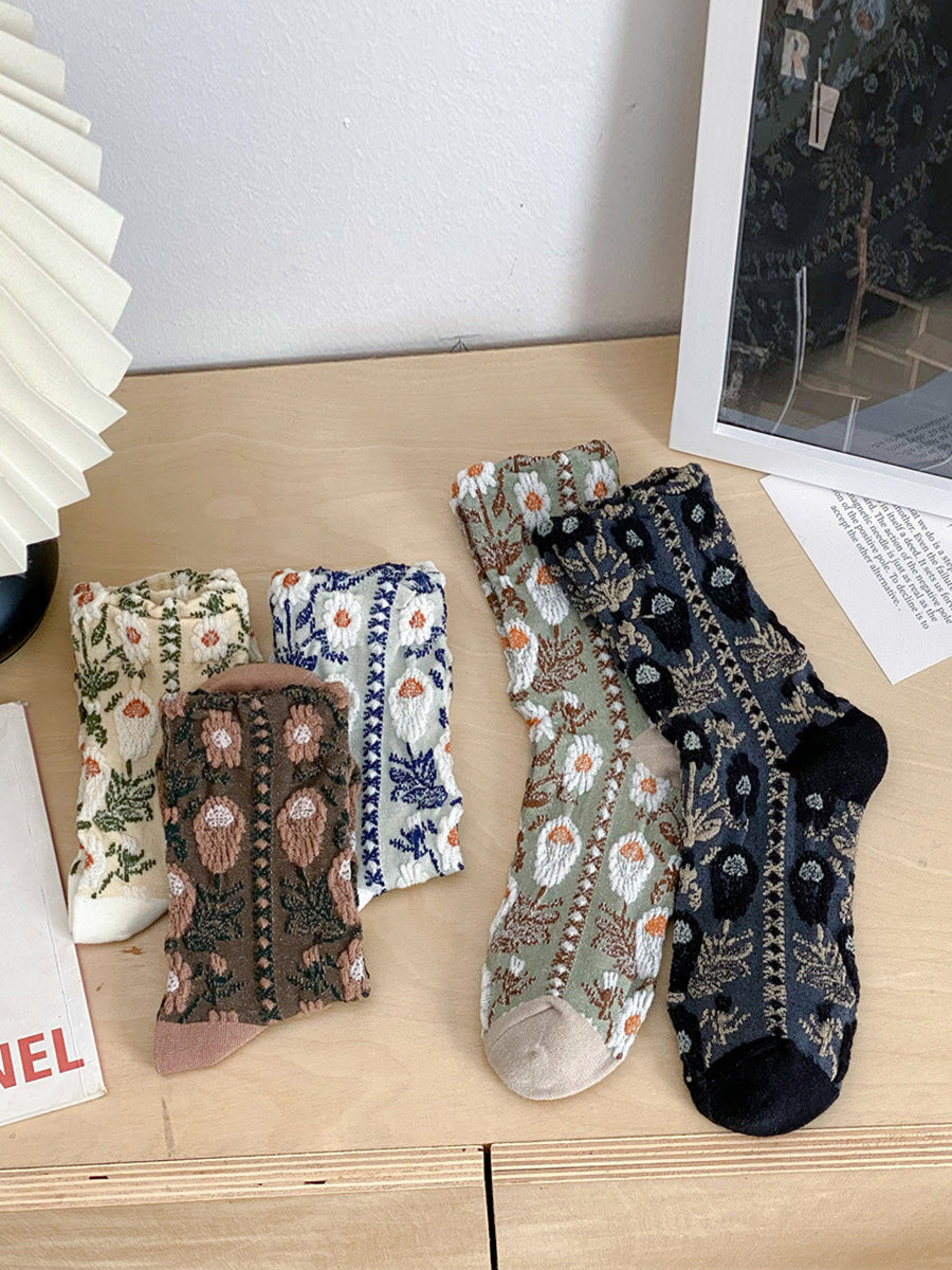 5 Pairs Women Artsy Flower Jacquard Cotton Socks AI1084