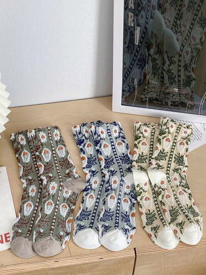 5 Pairs Women Artsy Flower Jacquard Cotton Socks AI1084