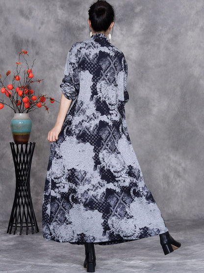 Women Autumn Print Half-Turtleneck Spliced Cashmere Dress AI1050