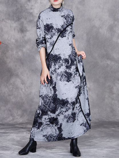 Women Autumn Print Half-Turtleneck Spliced Cashmere Dress AI1050