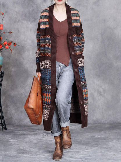 Women Vintage Autumn Stripe Button Wool Cardigan Coat AI1003