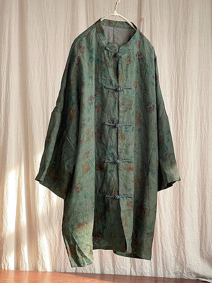 Women Vintage Floral Button Stand Collar Linen Shirt Coat AT1087