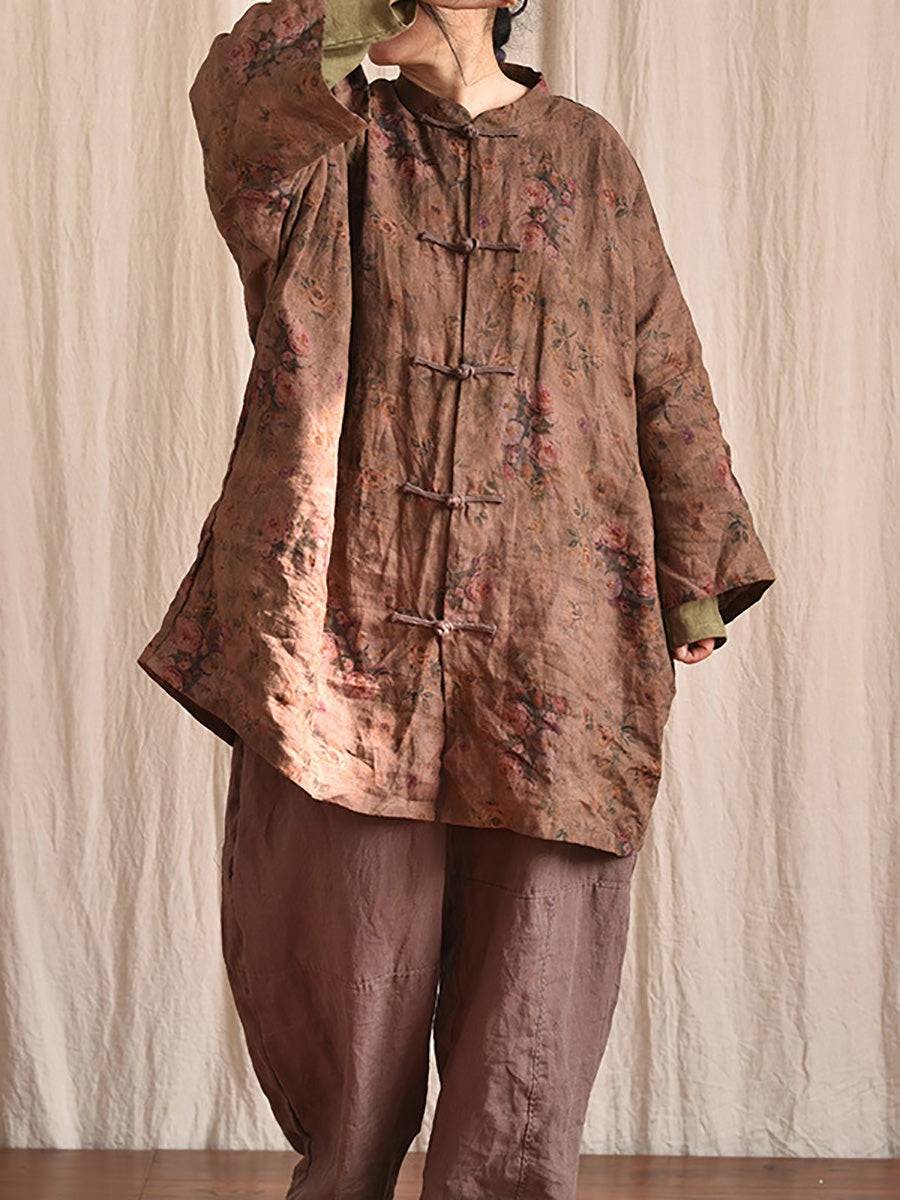 Manteau chemise en lin à col montant et boutons floraux vintage pour femme AT1087 