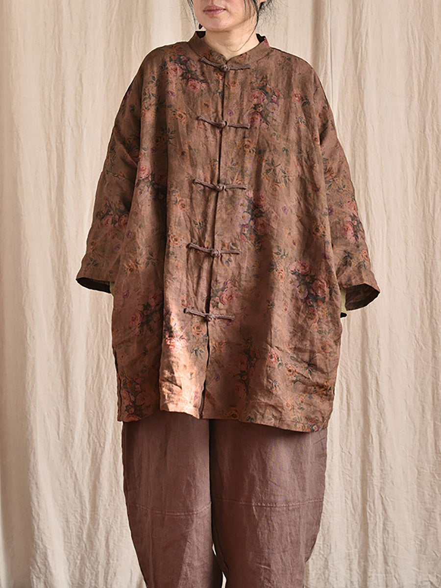 Manteau chemise en lin à col montant et boutons floraux vintage pour femme AT1087 