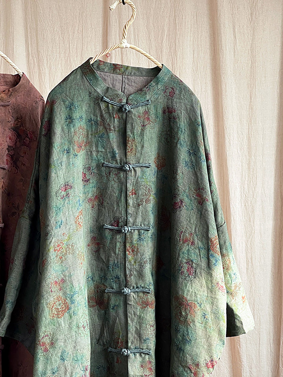 Women Vintage Floral Button Stand Collar Linen Shirt Coat AT1087