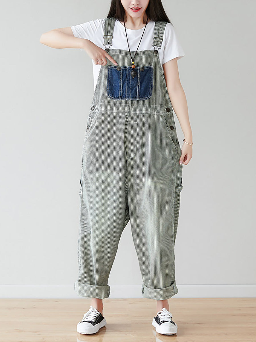 Women Artsy Stripe Patch Spliced Denim Loose Jumpsuits AI1079