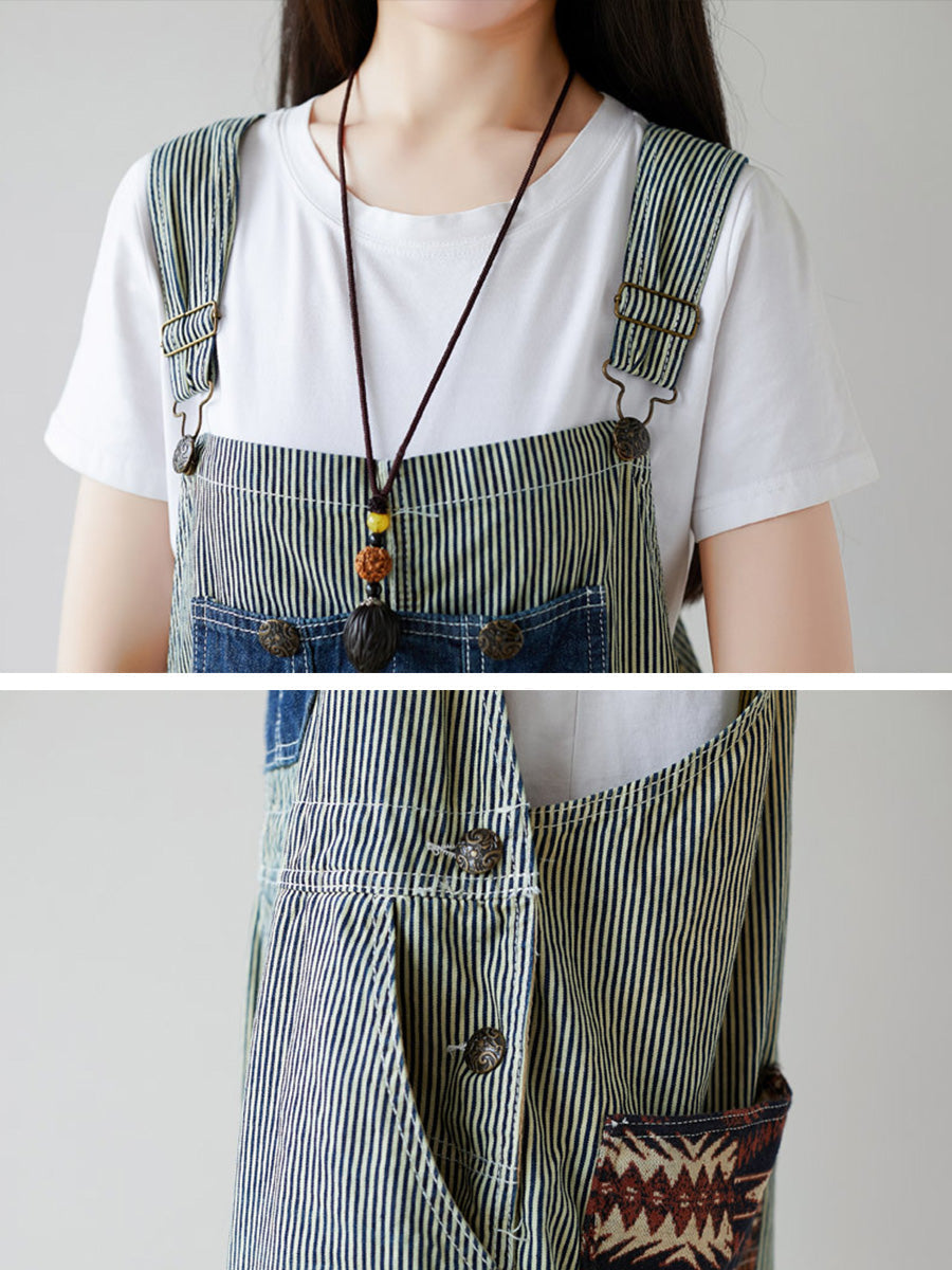 Women Artsy Stripe Patch Spliced Denim Loose Jumpsuits AI1079