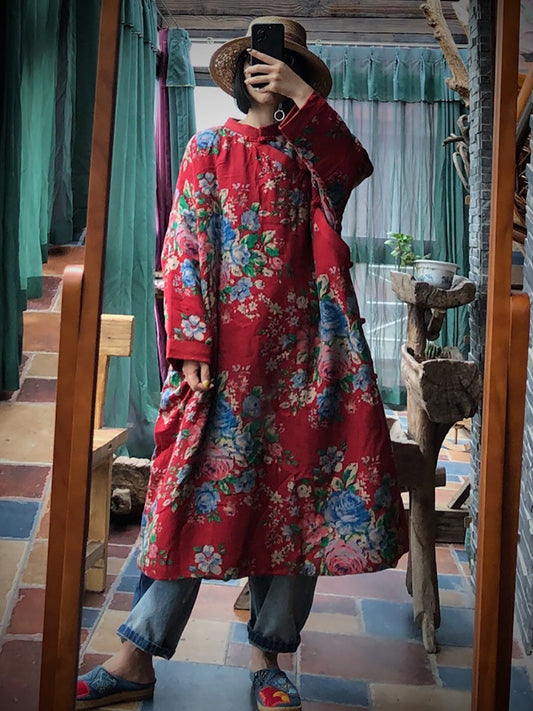 Women Ethnic Red Flower Slant Closure Cotton Padded Coat AI1014