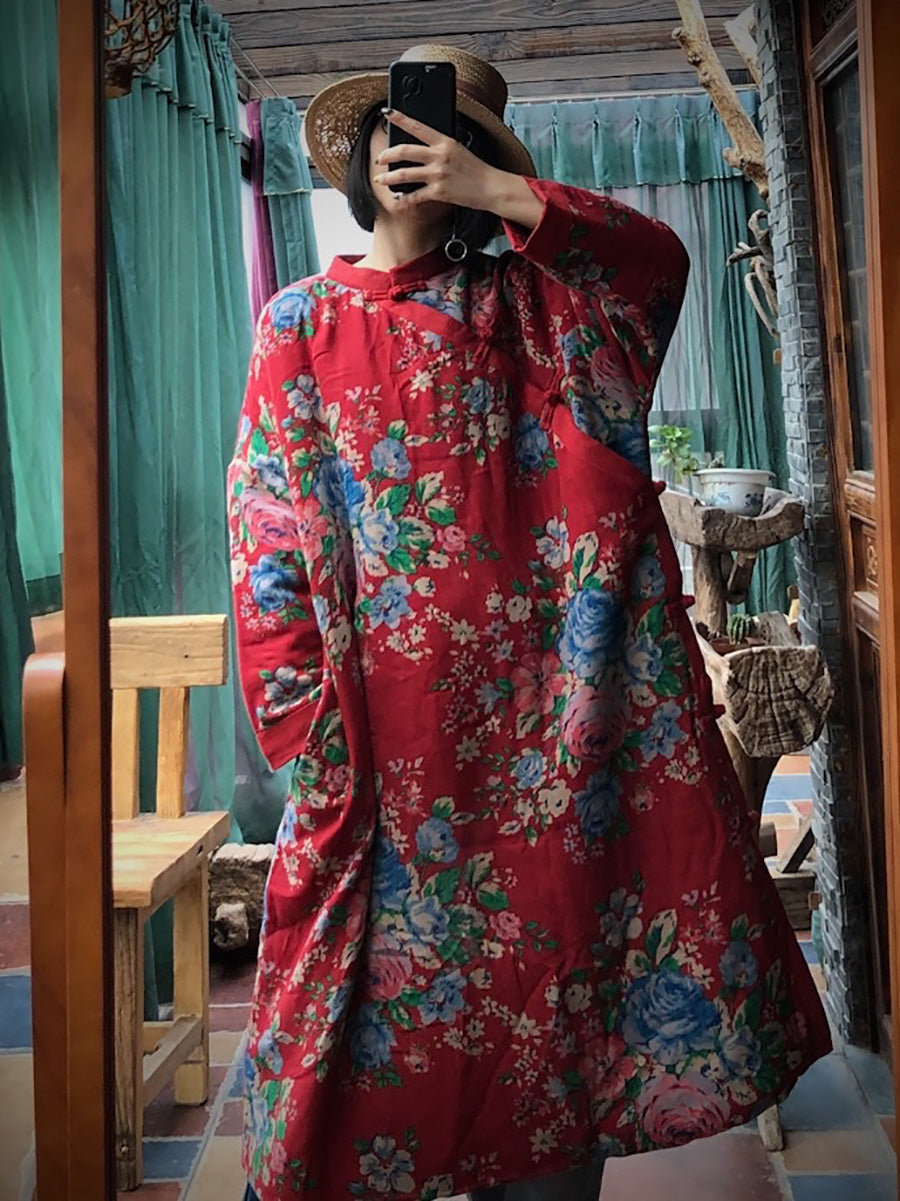 Women Ethnic Red Flower Slant Closure Cotton Padded Coat AI1014