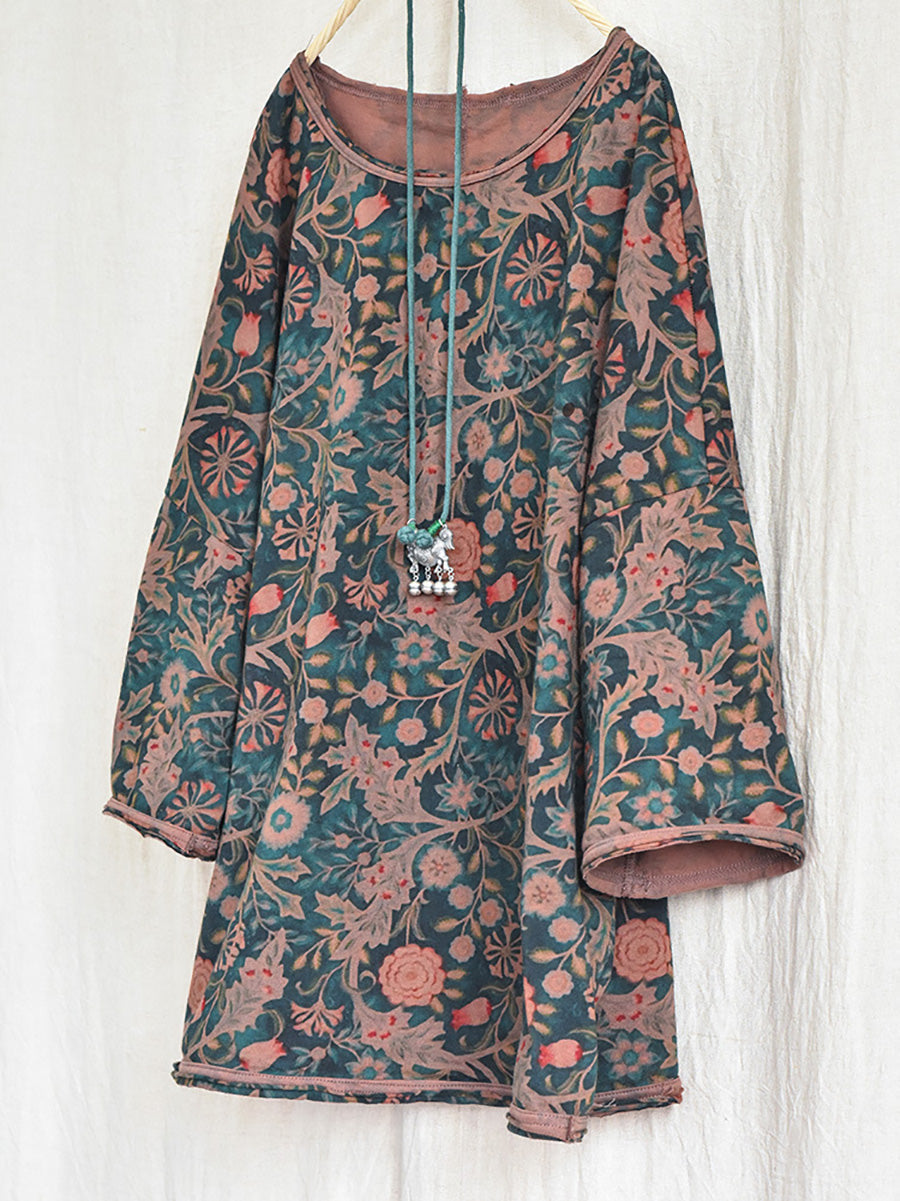 Women Vintage Autumn Flower O-Neck Loose Cotton Shirt AI1006