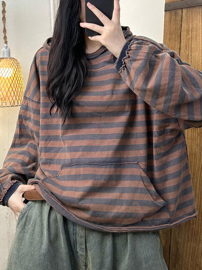 Women Autumn Casual Stripe Cotton Half Turtleneck Sweatshirt AI1065