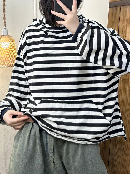 Women Autumn Casual Stripe Cotton Half Turtleneck Sweatshirt AI1065