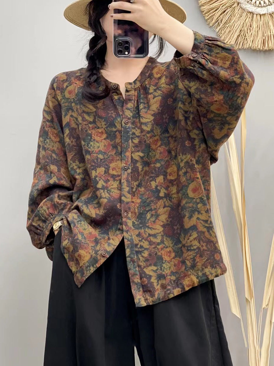 Women Autumn Artsy Flower Button-up O-Neck Cotton Shirt AI1075