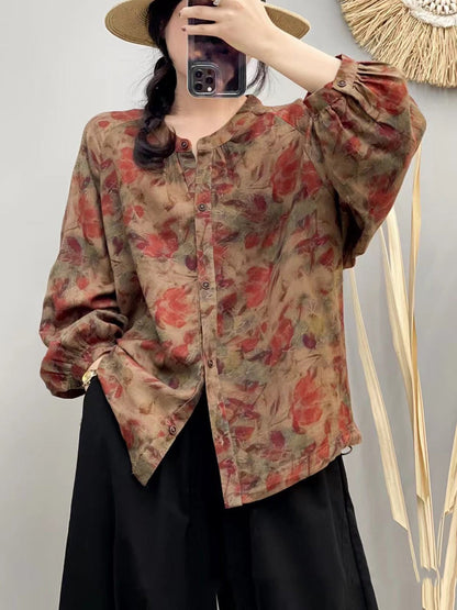 Women Autumn Artsy Flower Button-up O-Neck Cotton Shirt AI1075