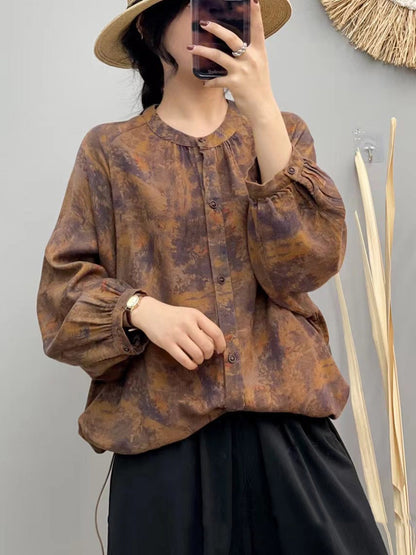 Women Autumn Artsy Flower Button-up O-Neck Cotton Shirt AI1075