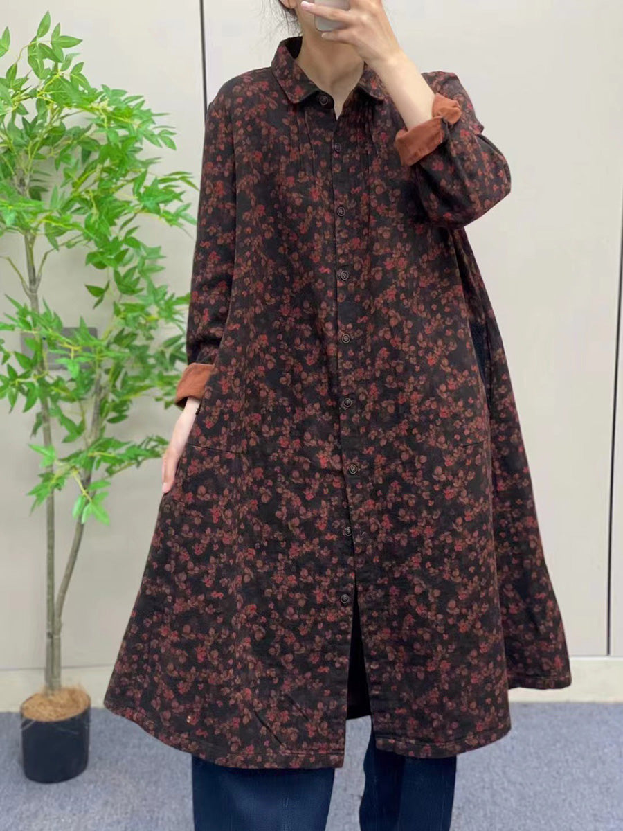 Women Autumn Vintage Flower Button-up Cotton Linen Long Shirt AI1041