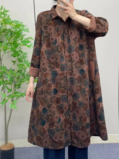 Women Autumn Vintage Flower Button-up Cotton Linen Long Shirt AI1041