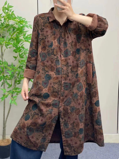 Women Autumn Vintage Flower Button-up Cotton Linen Long Shirt AI1041