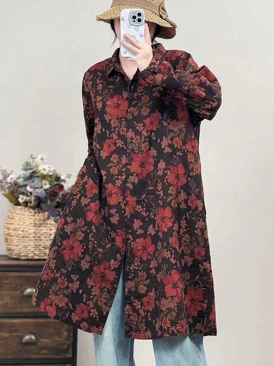 Women Autumn Vintage Flower Button-up Cotton Linen Long Shirt AI1041