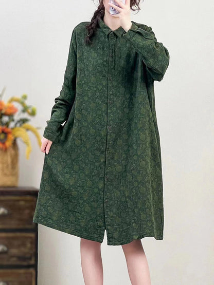 Women Autumn Vintage Flower Button-up Cotton Linen Long Shirt AI1041