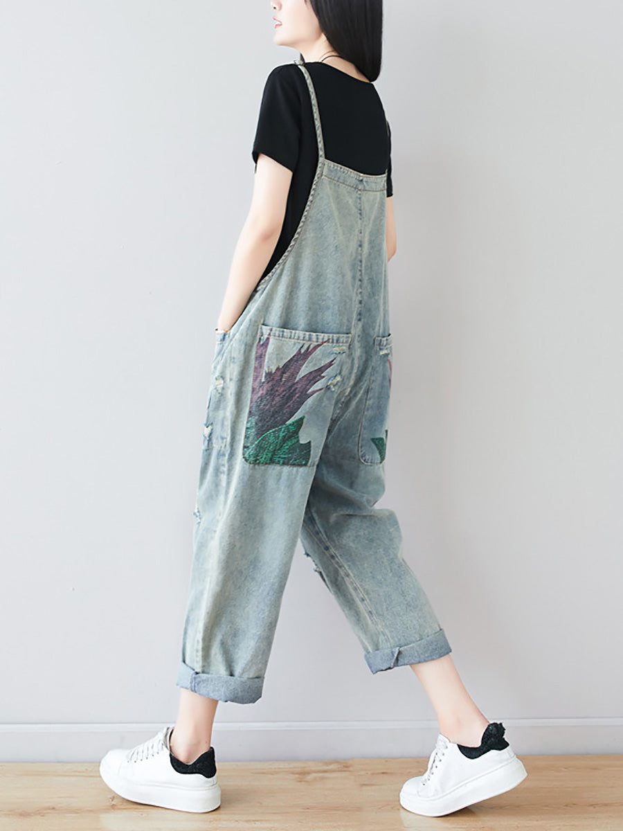 Women Artsy Flower Frayed Denim Pocket Jumpsuits AI1080