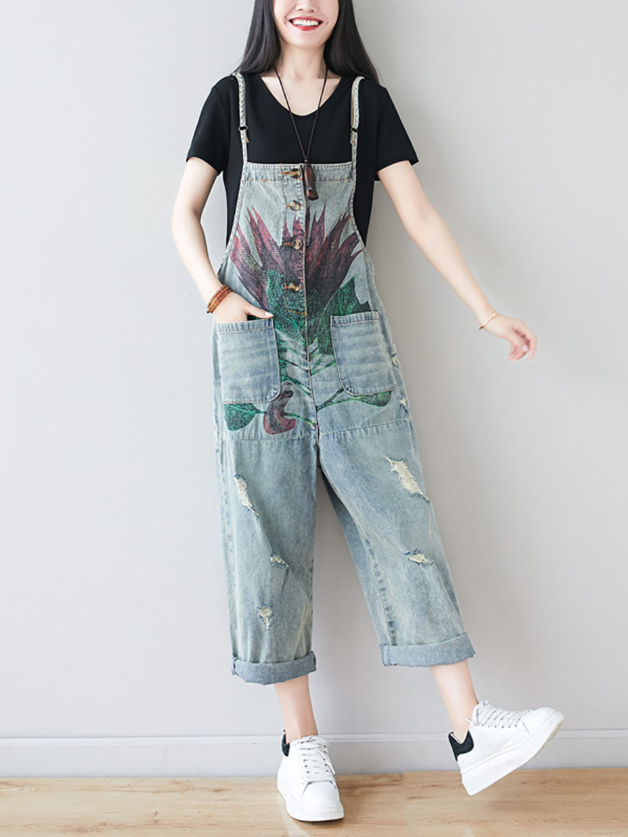 Women Artsy Flower Frayed Denim Pocket Jumpsuits AI1080