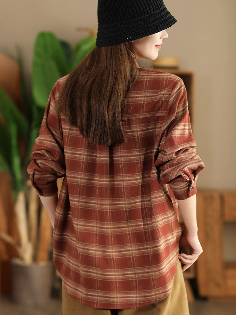 Women Autumn Vintage Plaid Button-up Cotton Blouse AI1031