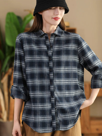 Women Autumn Vintage Plaid Button-up Cotton Blouse AI1031