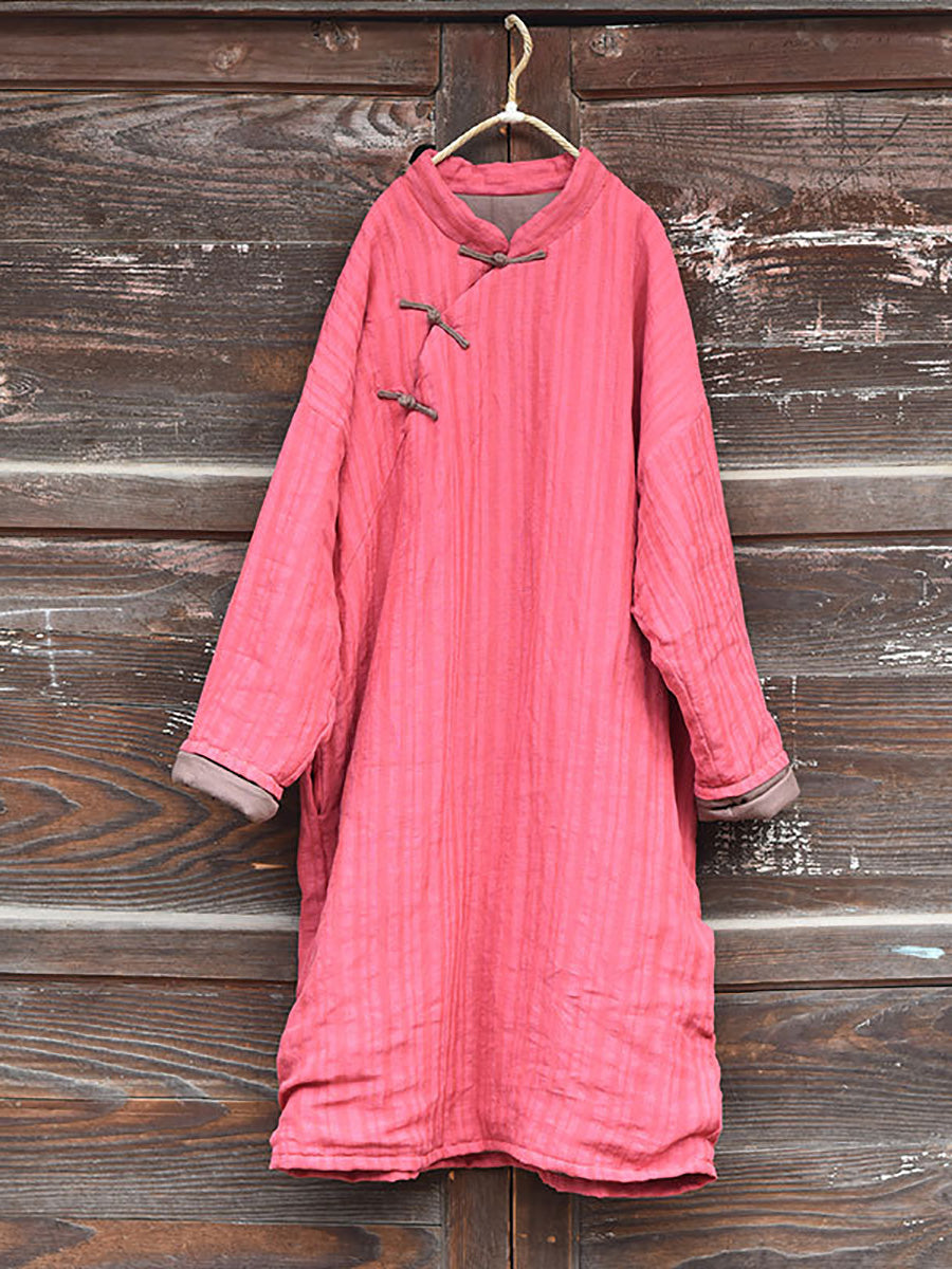 Women Vintage Stripe Warm Button 100%Linen Robe Coat AI1002