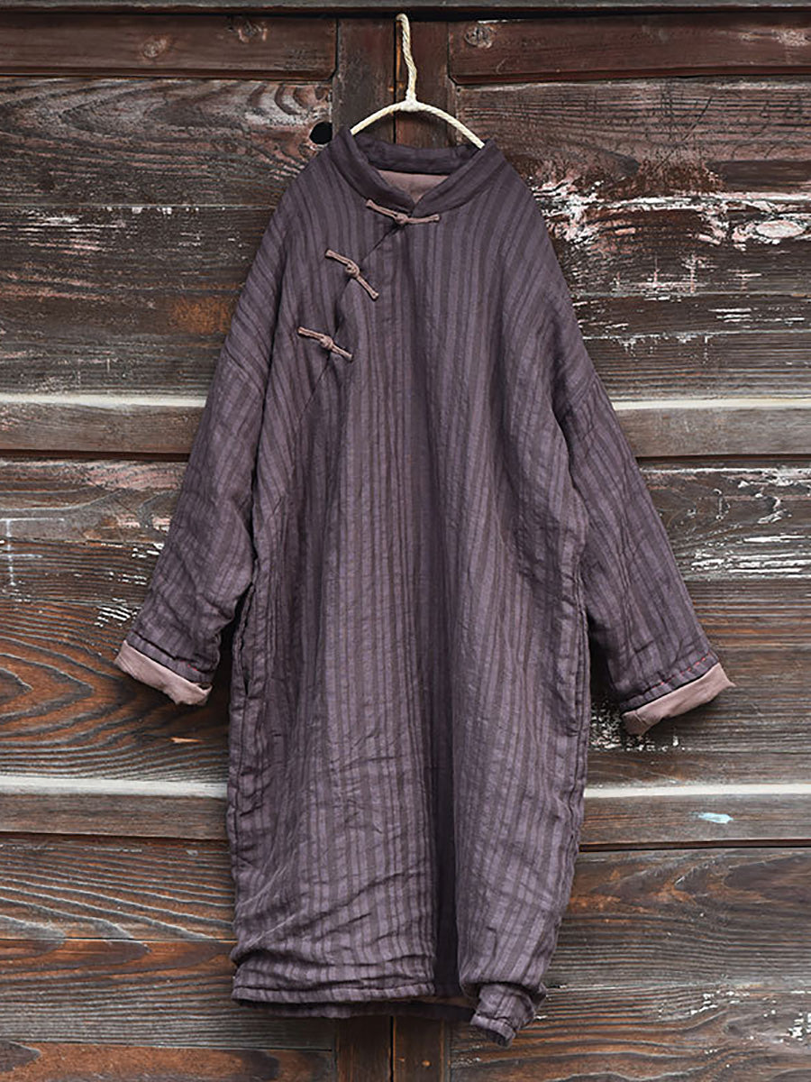 Women Vintage Stripe Warm Button 100%Linen Robe Coat AI1002