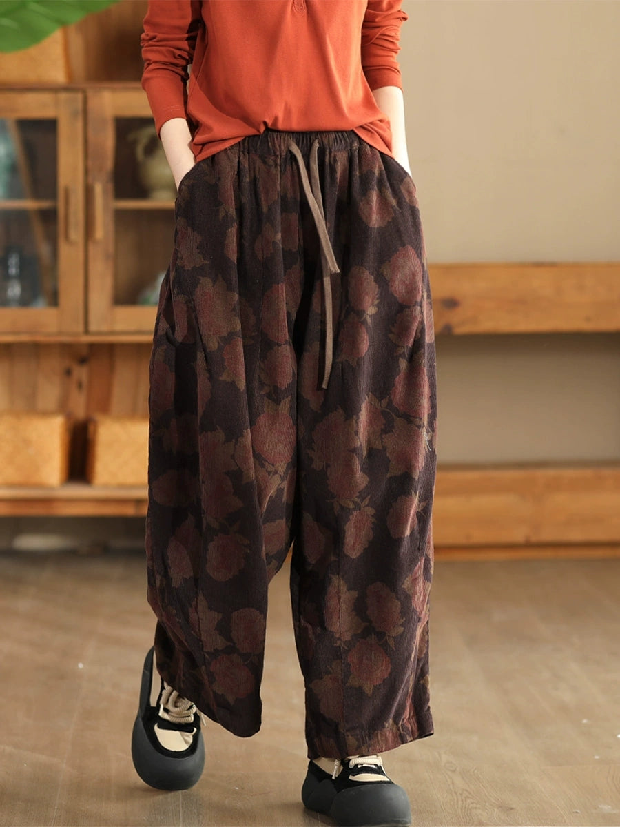 Women Autumn Vintage Flower Strap Corduroy Harem Pants AI1036