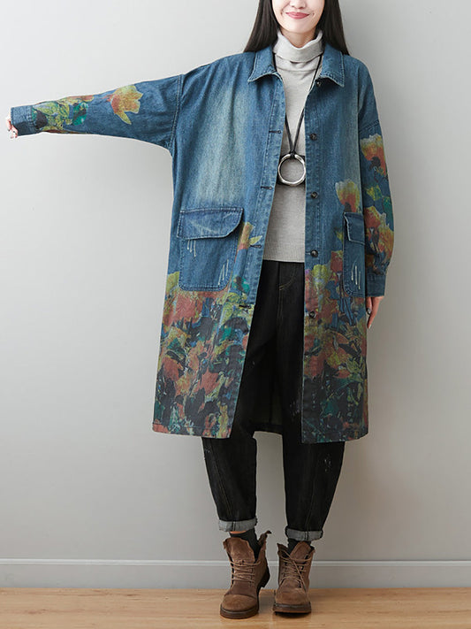 Manteau en jean à col rabattu et motif floral artistique pour femme AI1070 