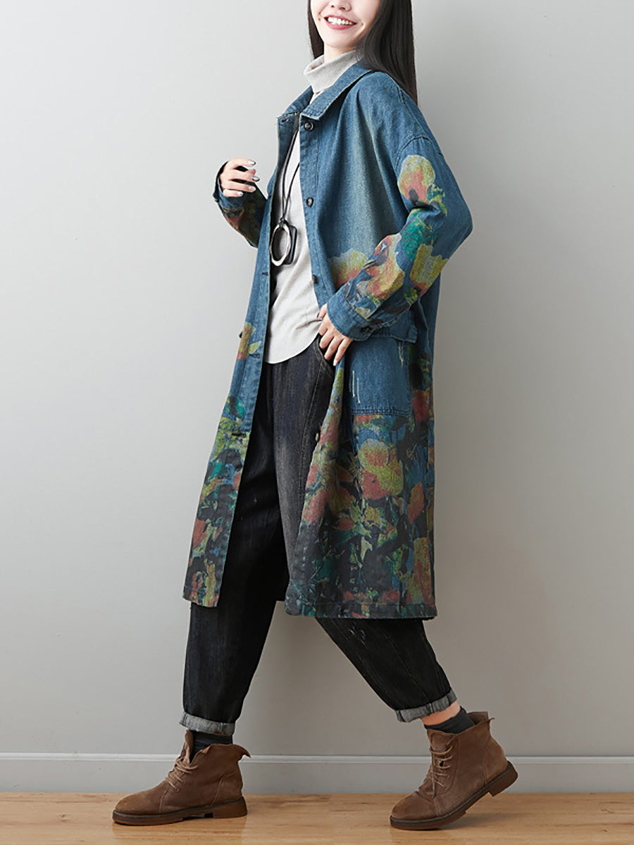 Women Autumn Artsy Flower Turn-down Collar Denim Coat AI1070