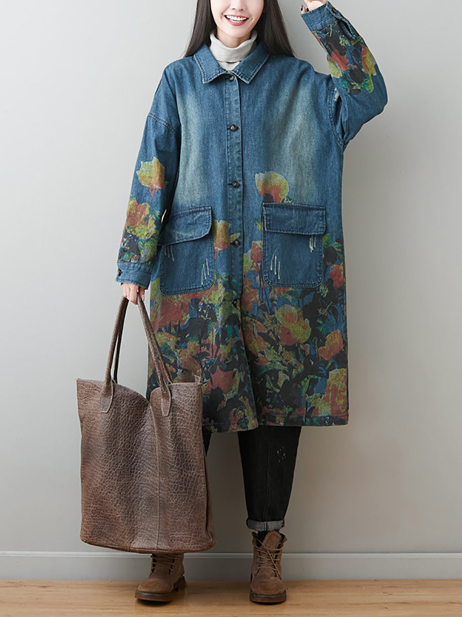 Women Autumn Artsy Flower Turn-down Collar Denim Coat AI1070