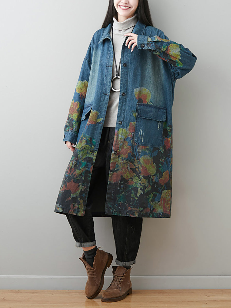 Manteau en jean à col rabattu et motif floral artistique pour femme AI1070 