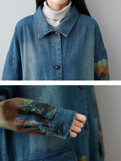 Women Autumn Artsy Flower Turn-down Collar Denim Coat AI1070