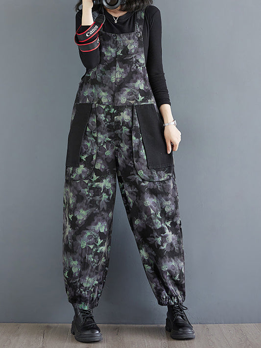 Women Autumn Vintage Flower Colorblock Denim Jumpsuits AI1039