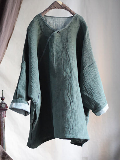 Women Vintage Autumn Solid Cotton Linen Long Shirt AI1004