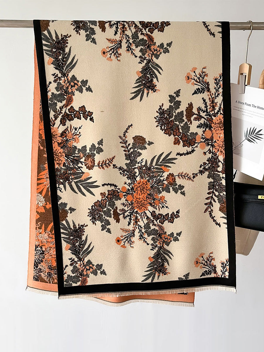 Écharpe châle chaude à pompons en jacquard floral artistique pour femme AI1033