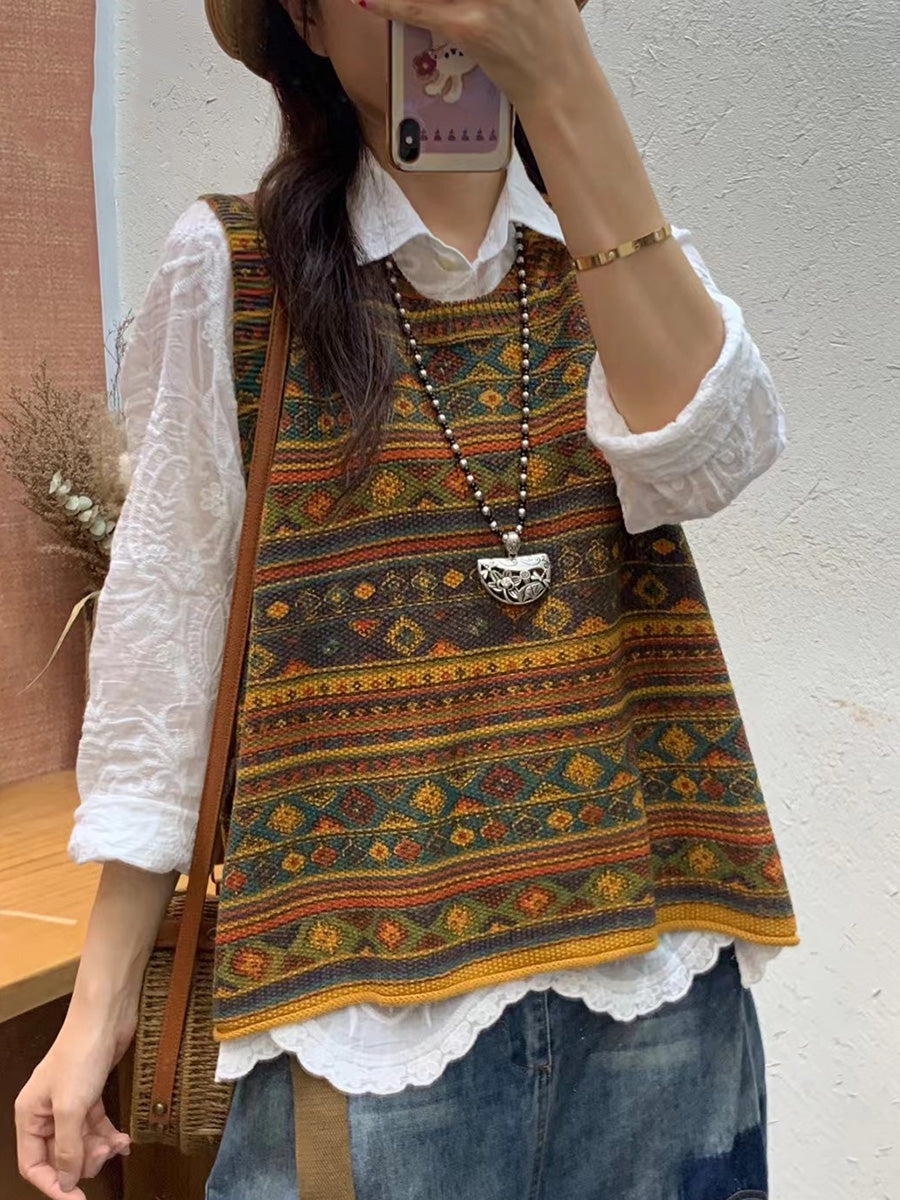 Women Autumn Artsy Colorblock Knit O-Neck Vest AH1032