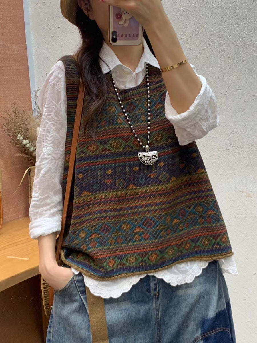 Women Autumn Artsy Colorblock Knit O-Neck Vest AH1032