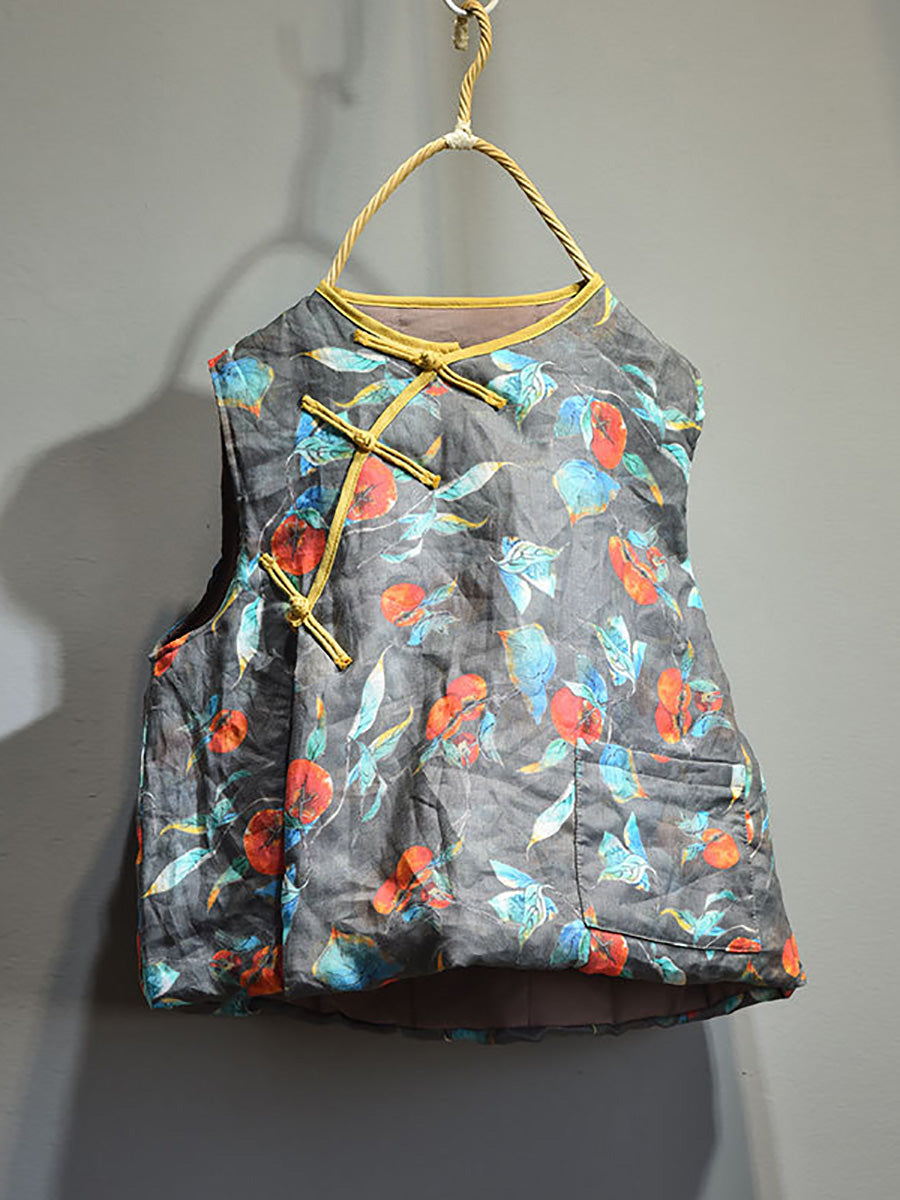 Women Retro Floral Casual Pocket Vest AH1010